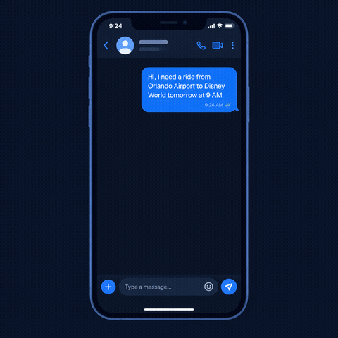 Animated demo of the WhatsApp booking assistant: a customer requests a ride, the assistant confirms trip details, shares a fare estimate, and sends a payment link
