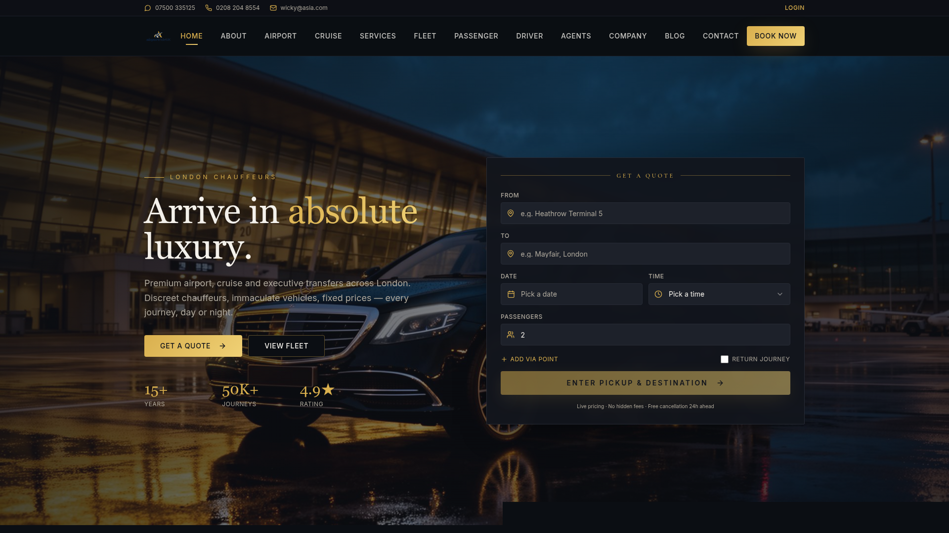 Screenshot preview of the Airport Ride UK website